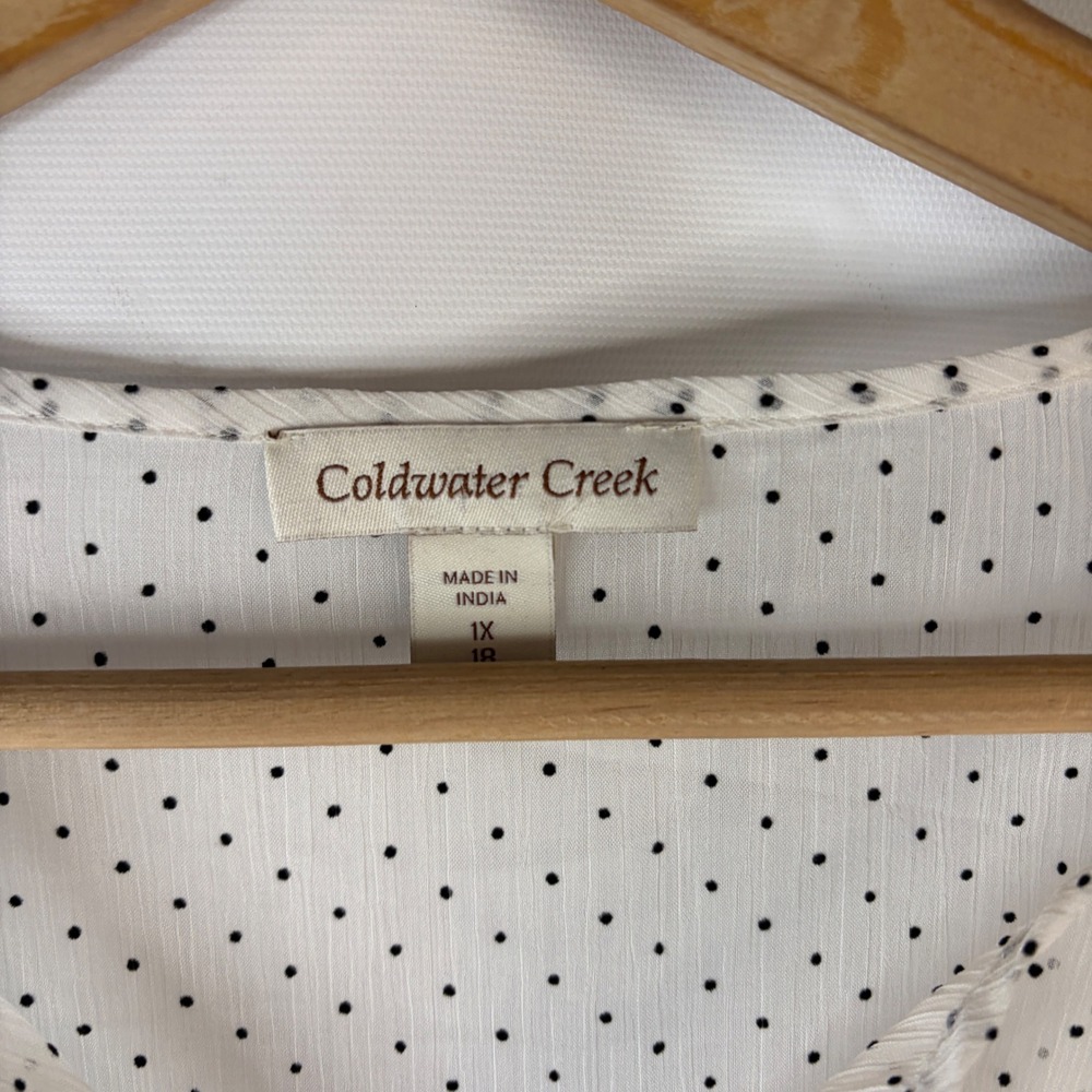Coldwater Creek Blouse Women 1X White Black Polka Dot Flocked Sheer Button Up - Picture 2 of 10